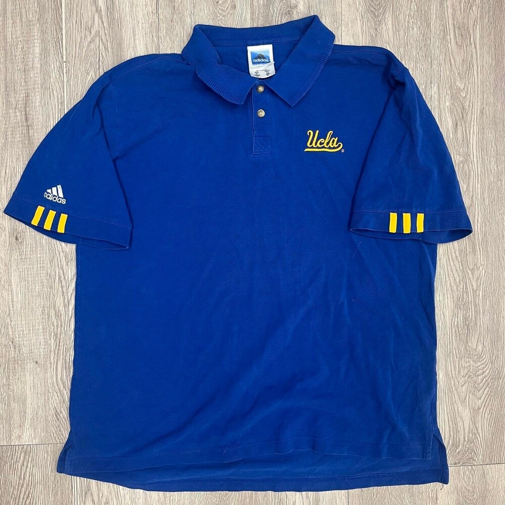 Vintage 90s Adidas UCLA Bruins Embroidered Polo Shirt XL 3-Stripe Sleeve Blue